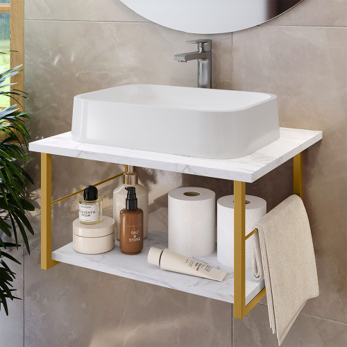 Gabinete Banheiro Lavabo - Marmore / Dourado