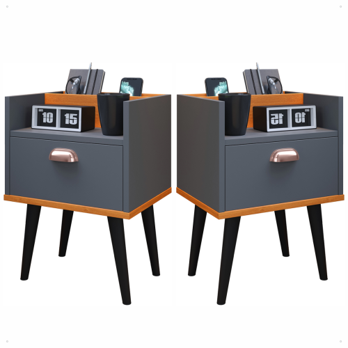 Kit 2 mesa de cabeceira Milena - Cinza/Cinamomo